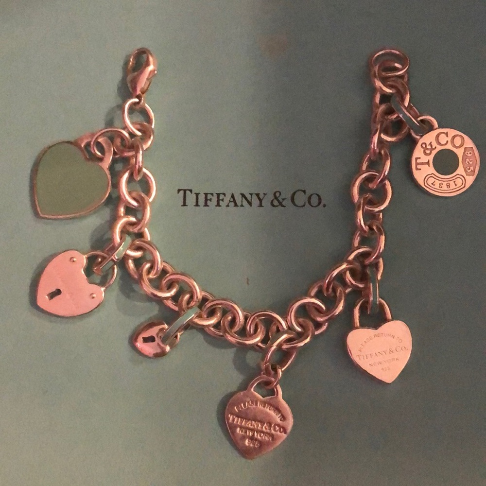 Tiffany & Co. Retired Silver Heart Charm Bracelet w enamel links.